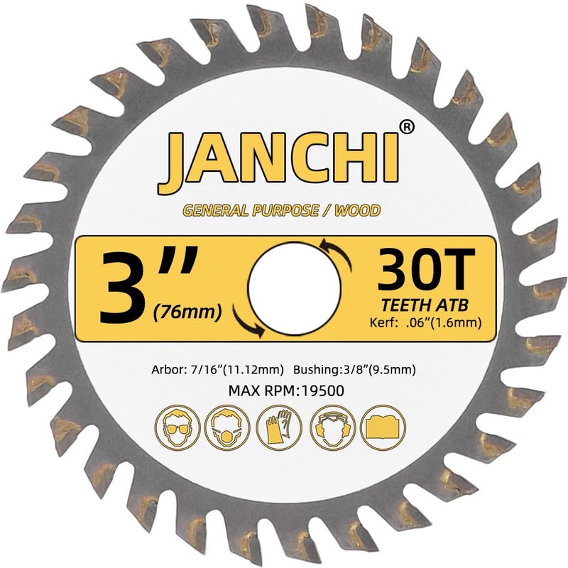 Jianchi مجموعة 3 عبوات من شفرات المنشار الخشبي 3 إنش 24T و30T و36T بسمك رفيع بأسنان كربيد ATB مع محور 7/16" وموصل 3/8" متوافق مع منشار Dremel Saw-MAX/Ultra-Saws ومنشار RotoZip ومعظم العلامات التجارية الرئيسية لأدوات القطع 3 إنش. - Image 3